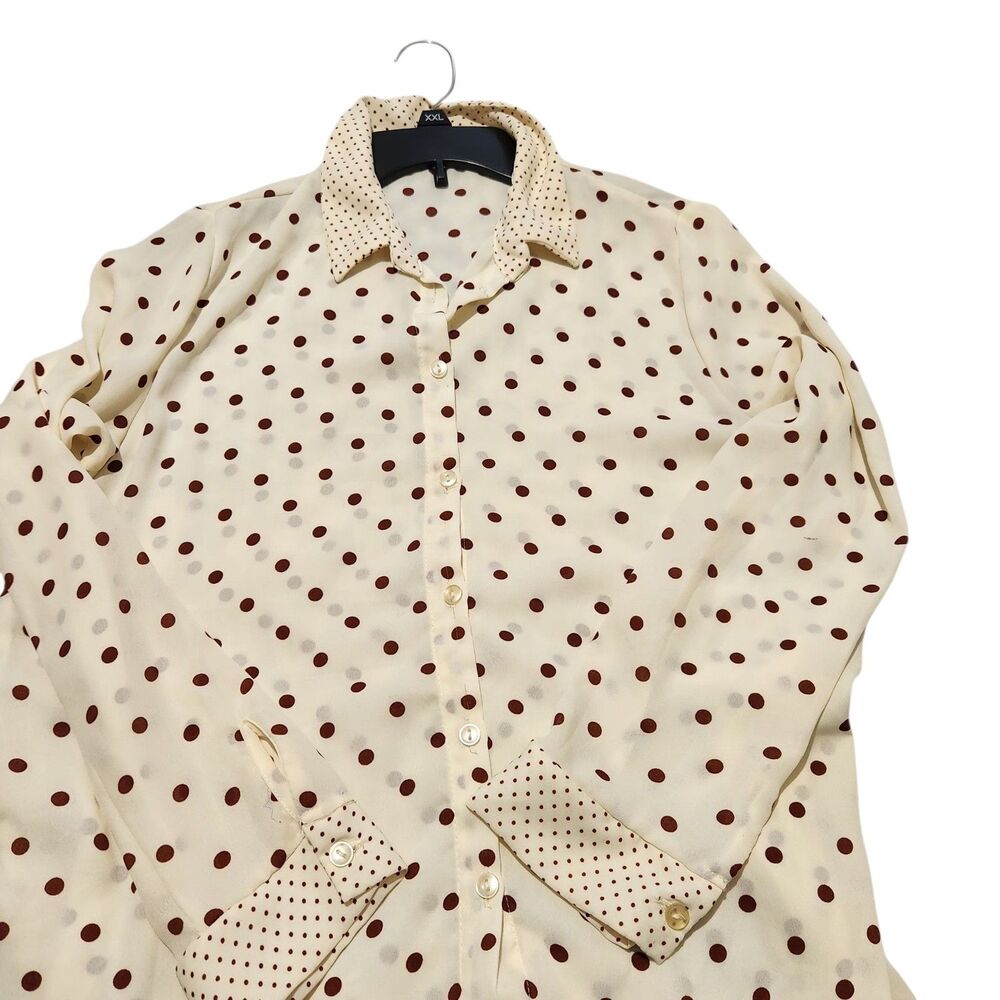 Sahara Top Size 7 Sheer Lightweight Longsleeve Ivory Color Red Polka Dots Print - Picture 9 of 12